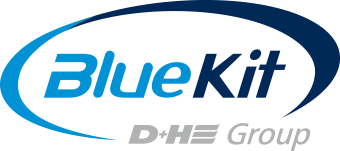 BlueKit logo in light and dark blue lettering with border on white background