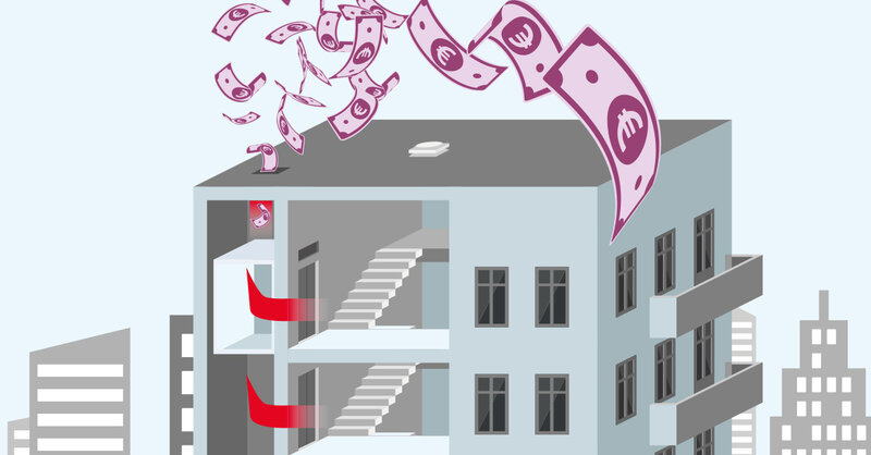 Drawing showing energy loss in the form of money flowing out through the opening in the lift shaft
